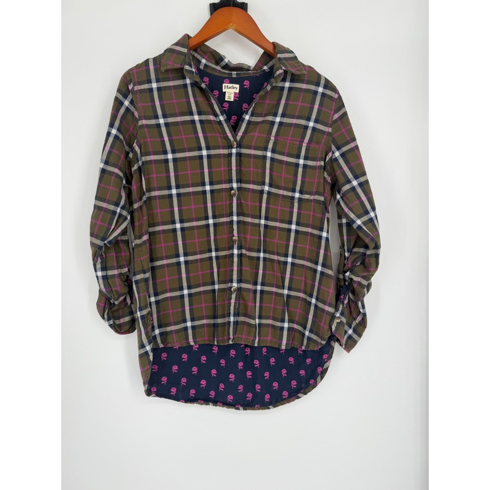 Hatley Womens Plaid Button Down Shirt Small Floral Contrast Cabin Preppy Country